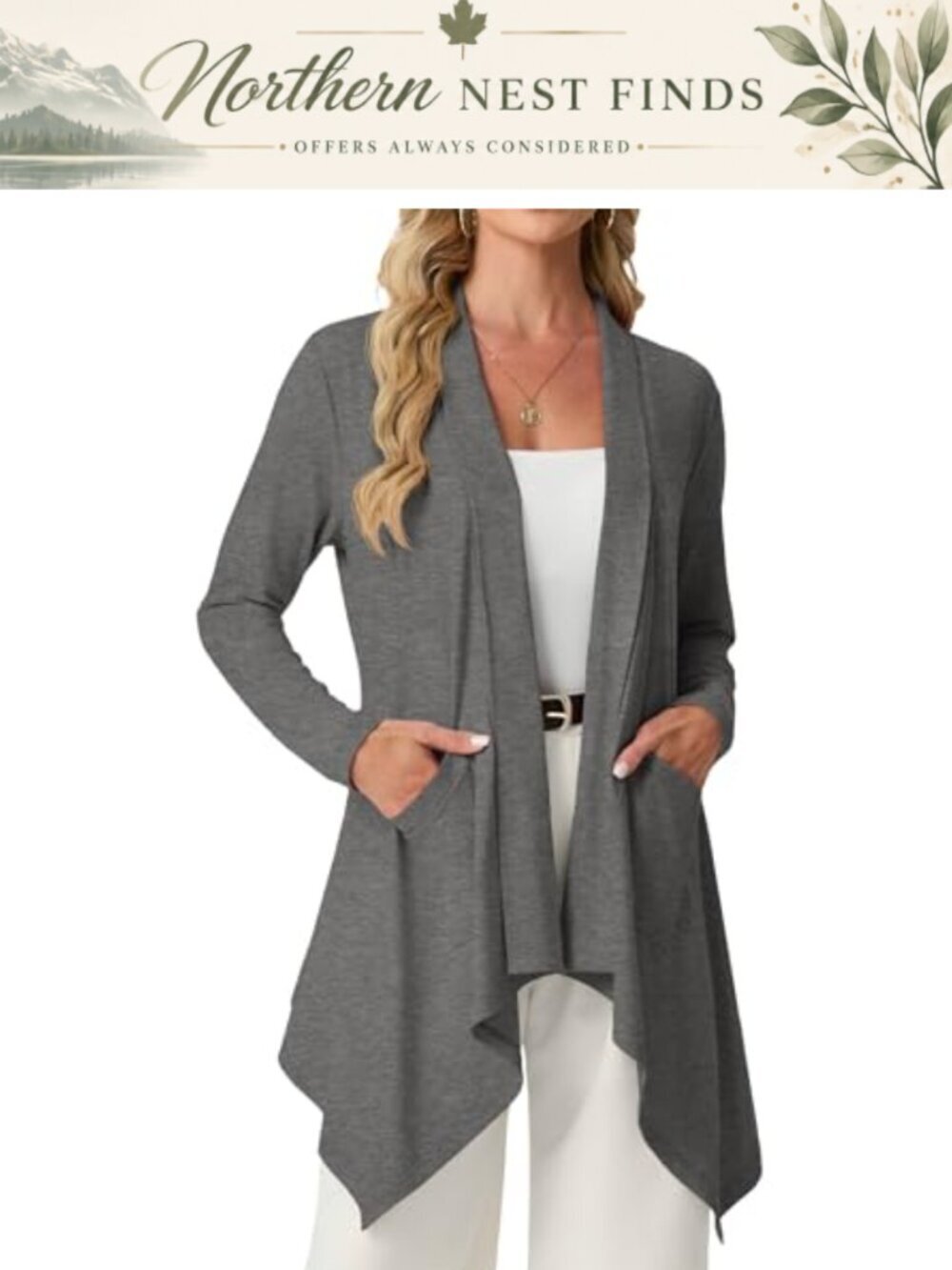 Lightweight Open Front Cardigan High Low Hem Knit with Pockets